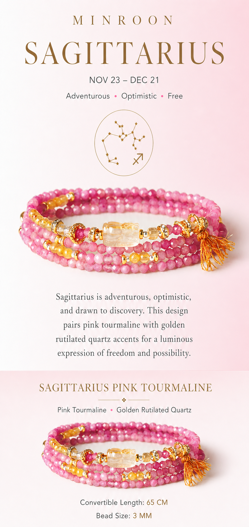Sagittarius Pink Tourmaline Zodiac Bracelet story and specifications