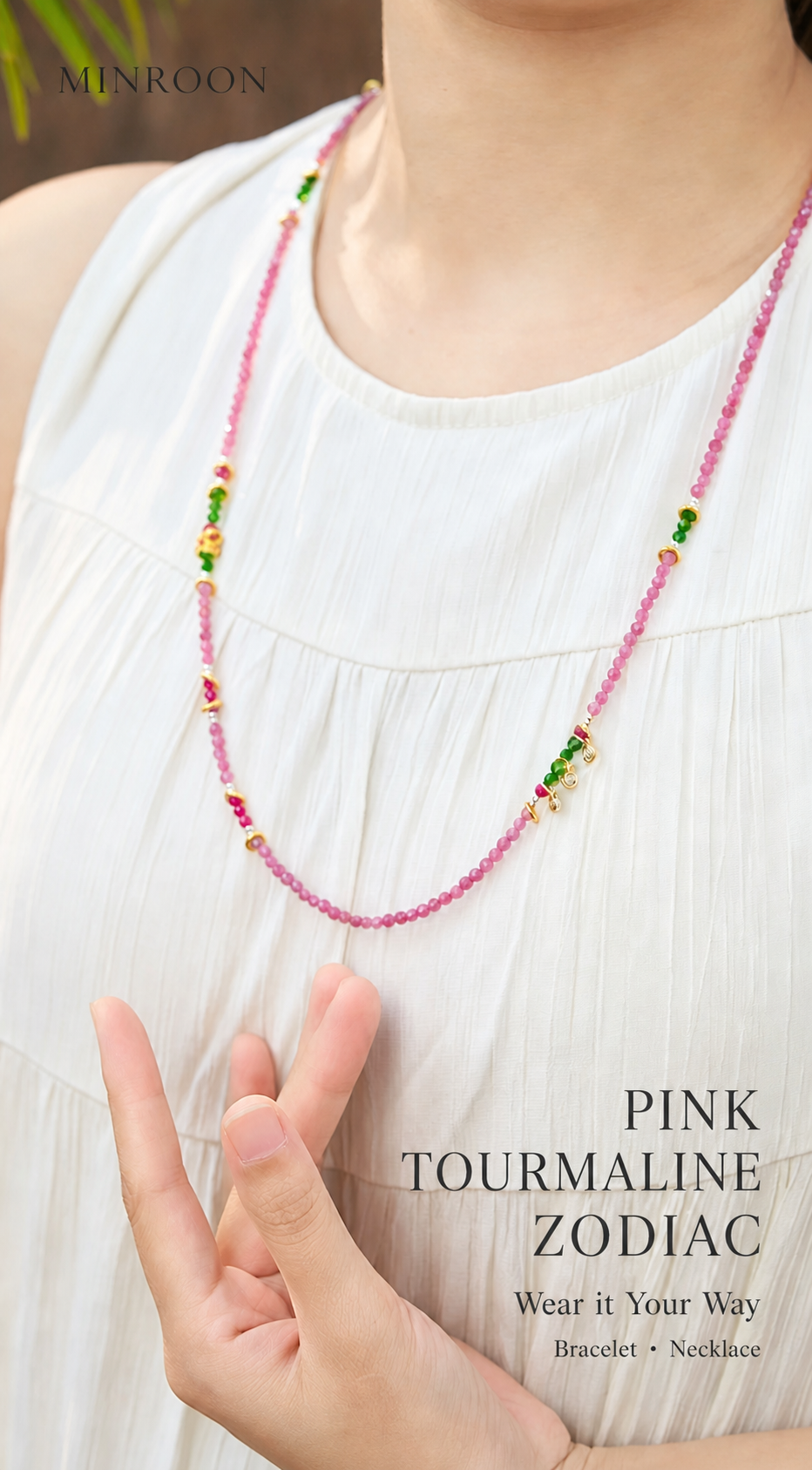 MINROON pink tourmaline zodiac necklace worn by model