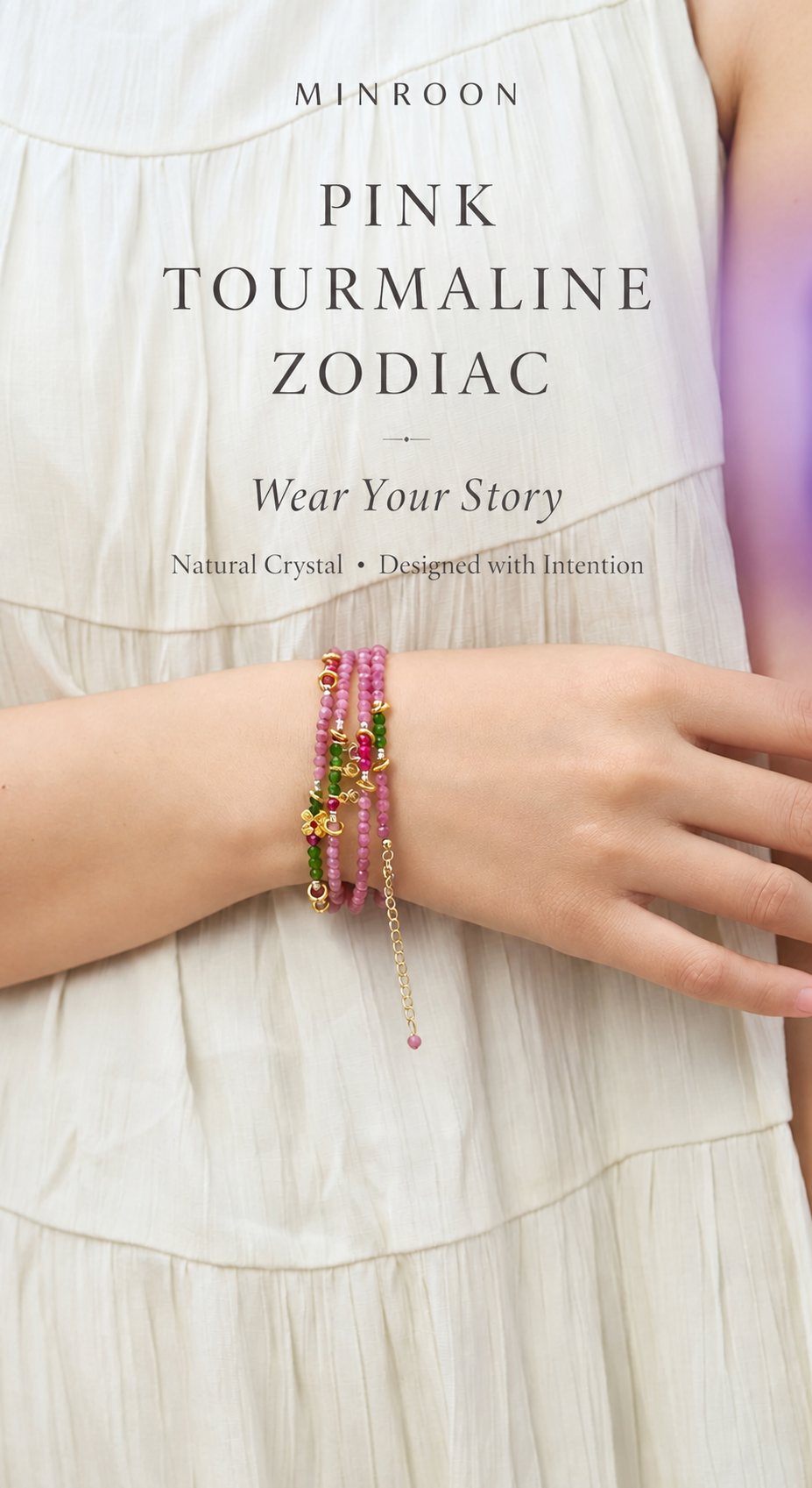 MINROON Virgo pink tourmaline zodiac bracelet worn on wrist
