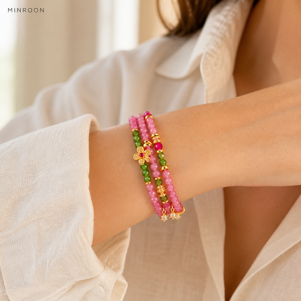 Virgo Pink Tourmaline bracelet worn on wrist