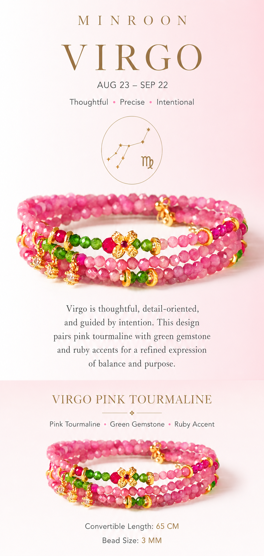 Virgo Pink Tourmaline Zodiac Bracelet story and specifications