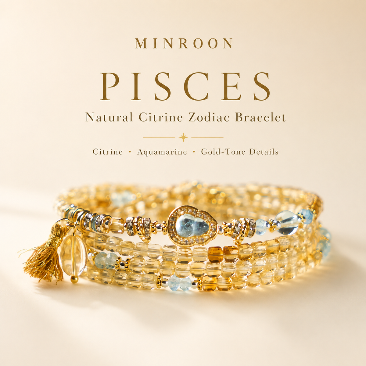 MINROON Pisces natural citrine zodiac bracelet on a warm ivory background