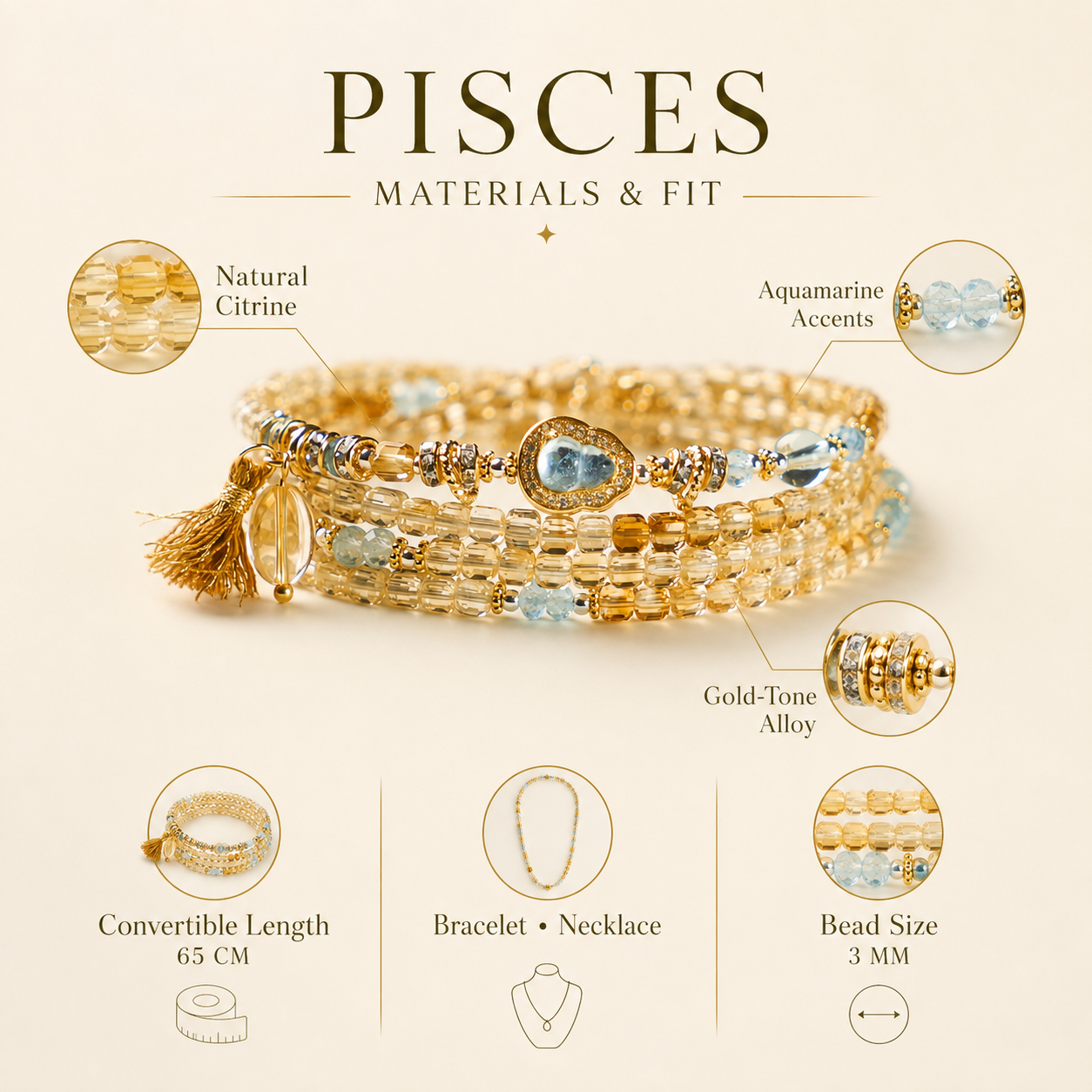 MINROON Pisces citrine bracelet materials and fit guide