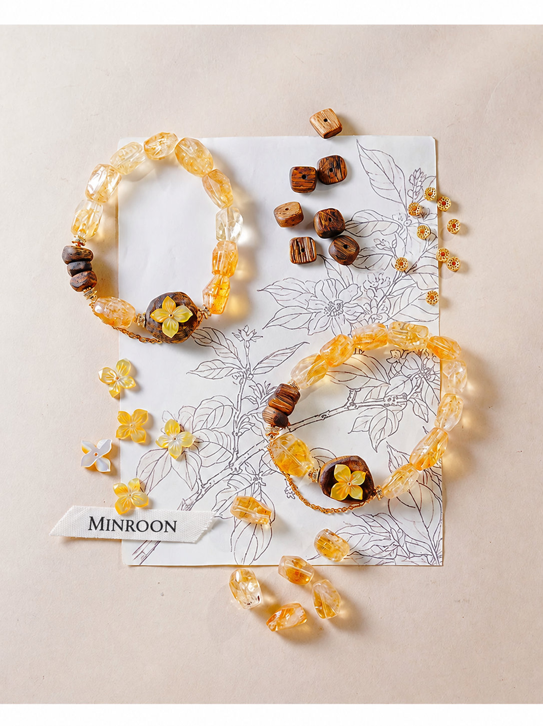 Tingchao citrine and agarwood bracelets flat lay with unobstructed MINROON tag