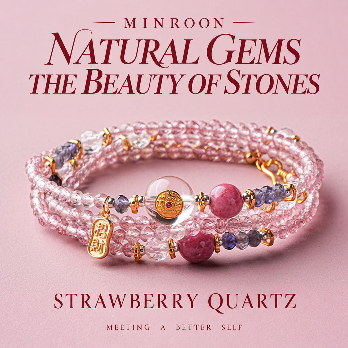 Peach Fortune strawberry quartz wrap necklace on a continuous blush pink editorial background
