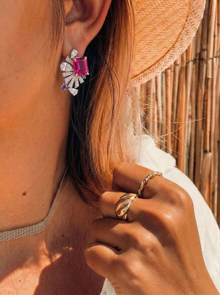 Lab-Grown Ruby - Crimson Rectangle Diamond Plume Colorful Drop Earrings