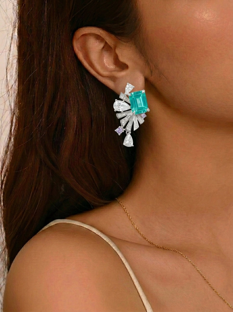 Lab-Grown Ruby - Crimson Rectangle Diamond Plume Colorful Drop Earrings