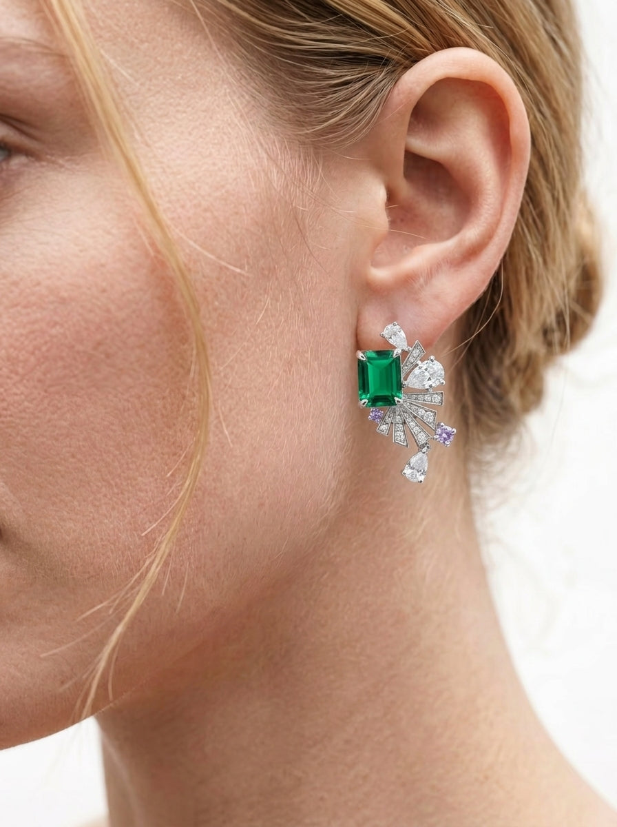 Lab-Grown Ruby - Crimson Rectangle Diamond Plume Colorful Drop Earrings