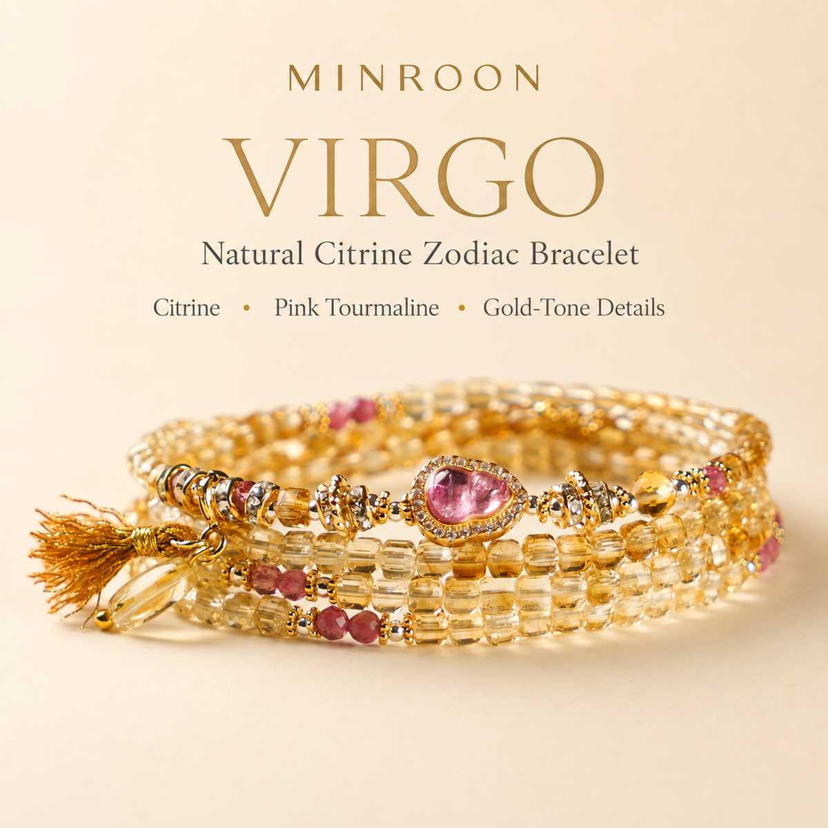 MINROON Virgo natural citrine zodiac bracelet on a warm ivory background