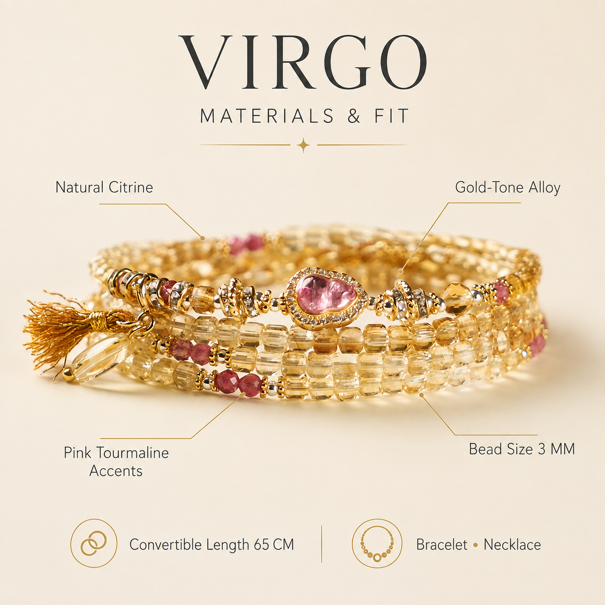 MINROON Virgo citrine bracelet materials and fit guide