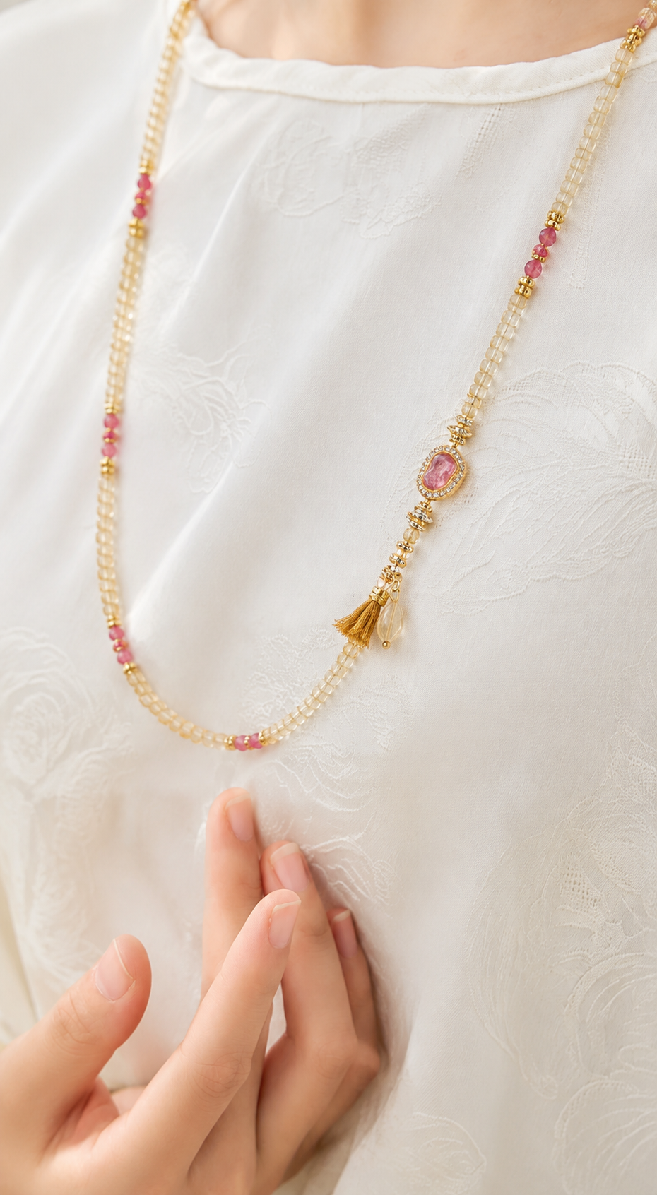 Virgo natural citrine and pink tourmaline bracelet styled as a necklace