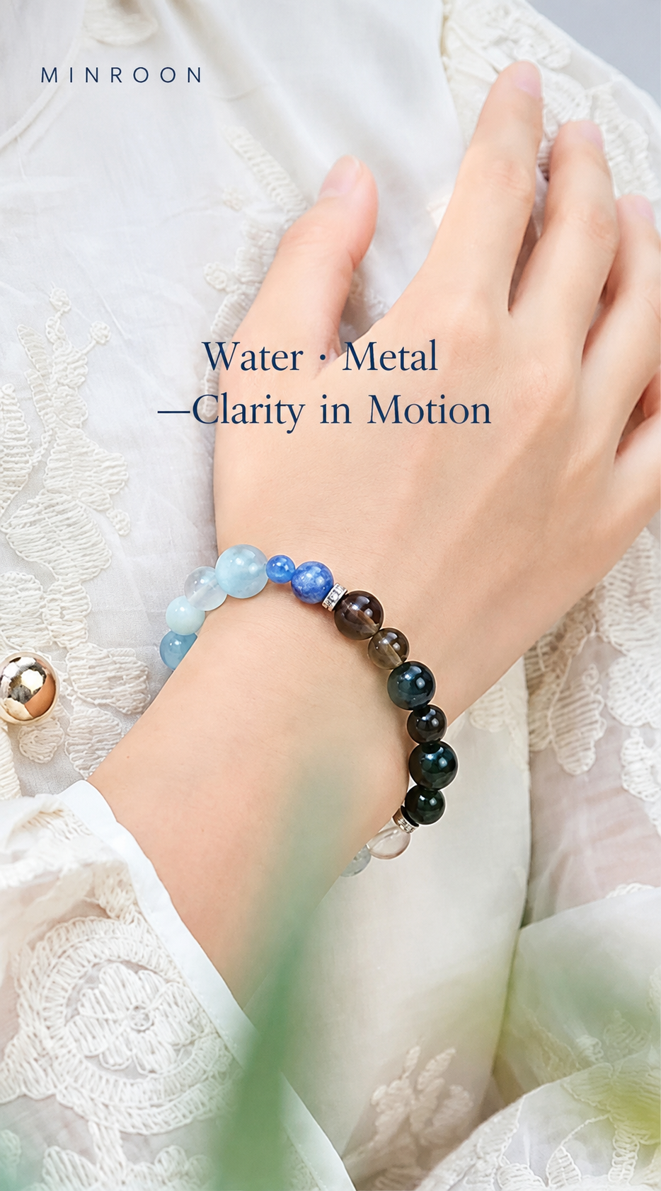 Aquamarine Water Metal bracelet worn on wrist