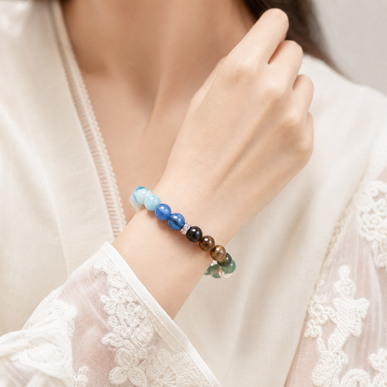 Aquamarine Water Wood bracelet worn on wrist