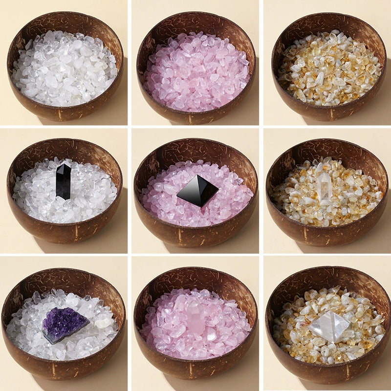 Natural crystal coconut bowls in assorted stone combinations