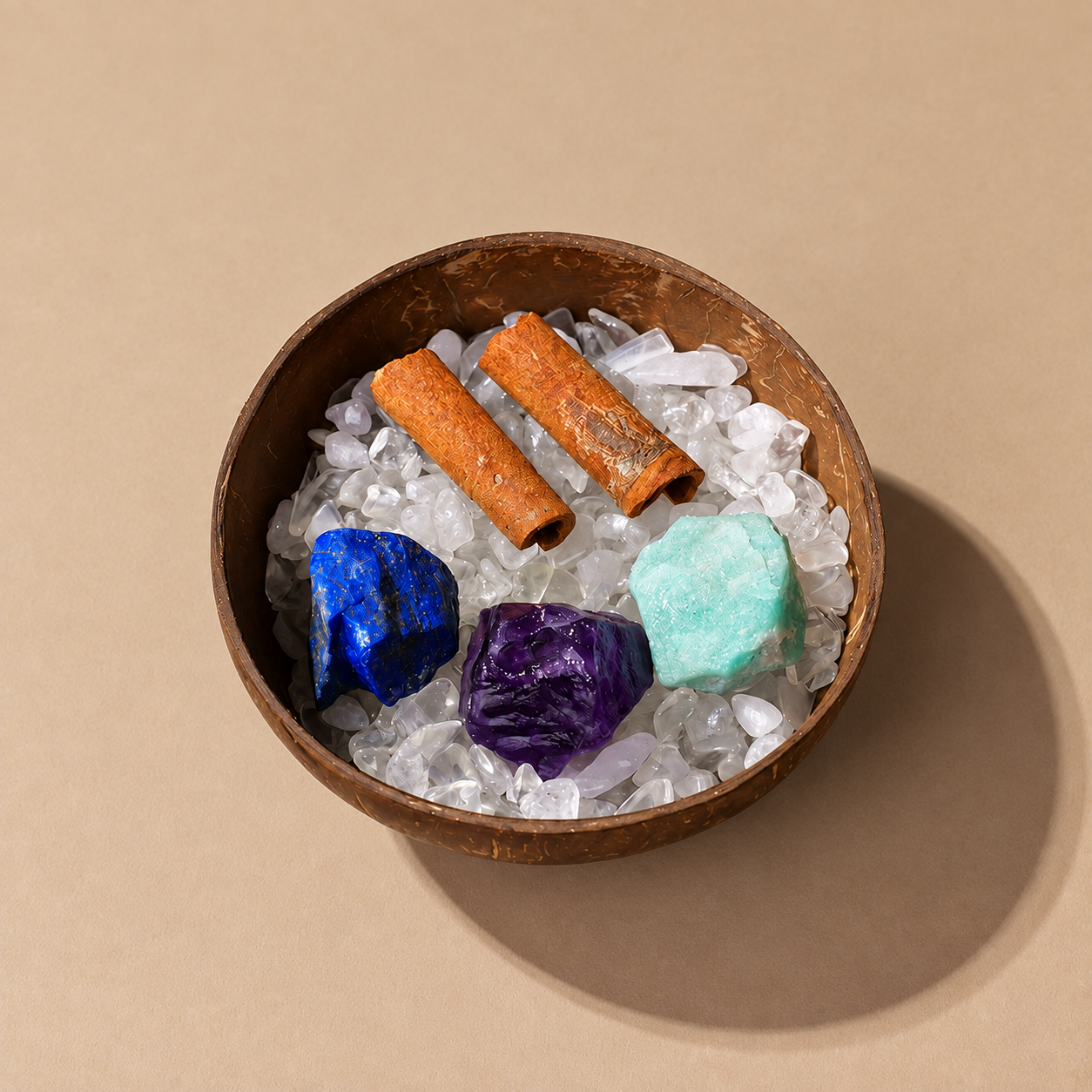 Aquarius crystal coconut shell bowl with clear quartz chips, rough stones and cinnamon sticks