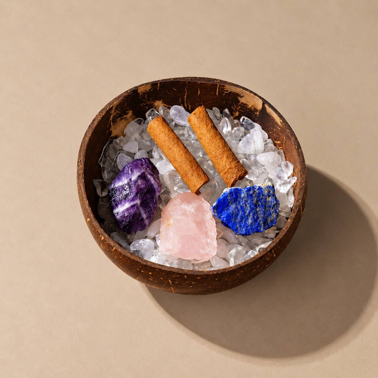 Libra crystal coconut shell bowl with clear quartz chips, rough stones and cinnamon sticks