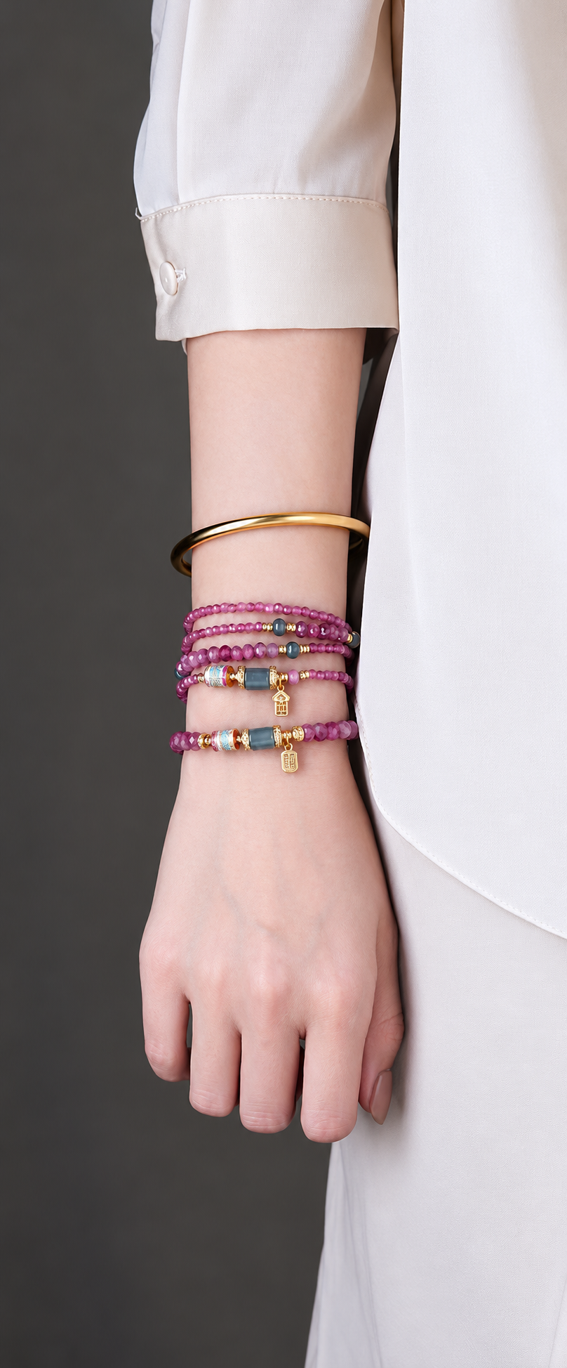 Pink crystal bracelets styled on the wrist