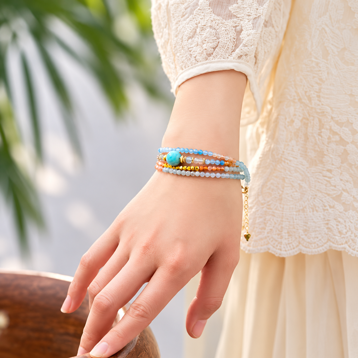 Colorful zodiac crystal bracelet worn on the wrist